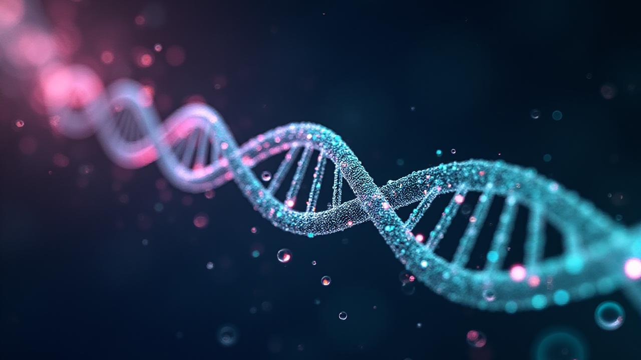 Abstract DNA strand rendered in neon pink and green