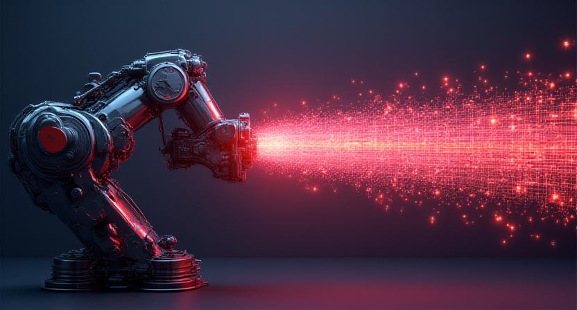 A luminescent holographic digital twin overlaying a physical industrial manufacturing line with pulsing data points.